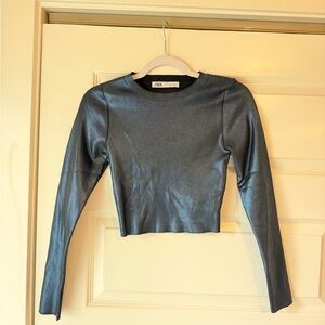 Zara Shimmering Navy Blue Crop Top Long Sleeve